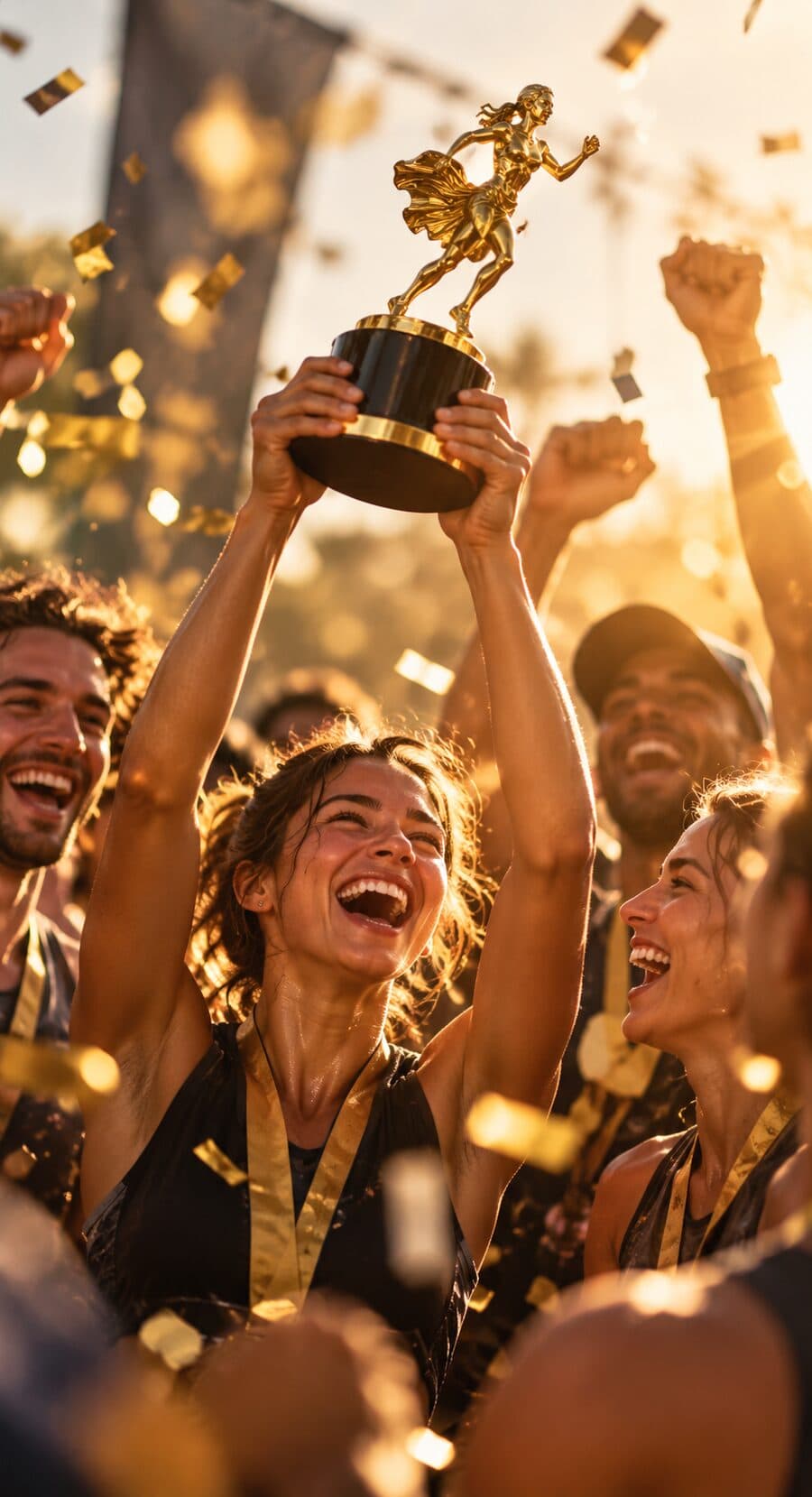 A runner lifting a gold trophy over her head as friends cheer and gold confetti falls