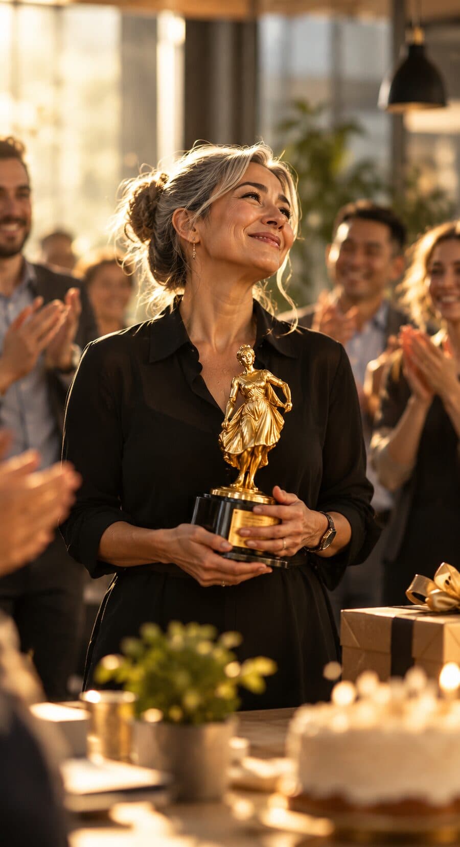 A woman at her retirement party holding a gold award, colleagues applauding around her
